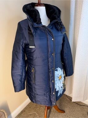 Desigual Navy Quilted Hooded Puffer Coat with Floral Applique